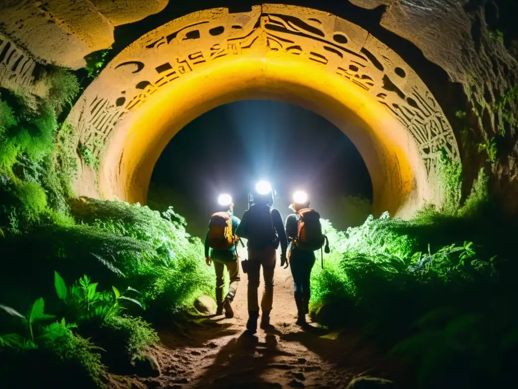 Exploradores con linternas en túnel misterioso con símbolos antiguos iluminados