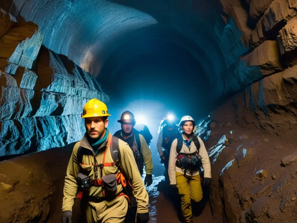 Exploradores con linternas en un túnel oscuro, resaltando la importancia de las aplicaciones móviles en la exploración de túneles