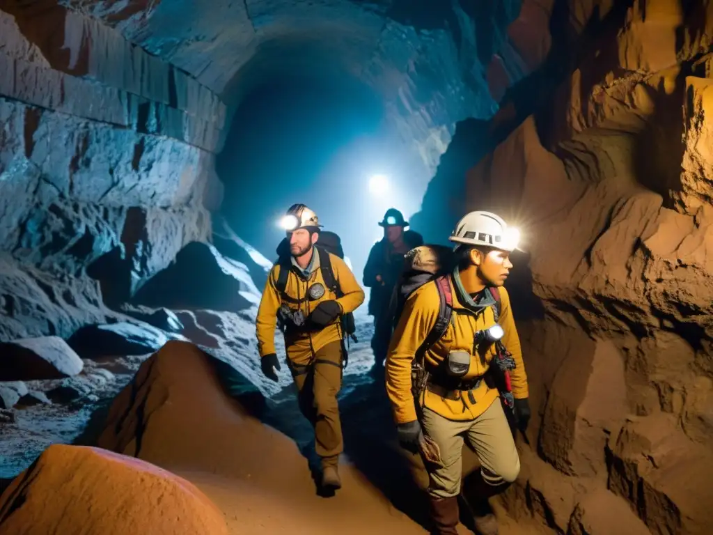 Exploradores en cueva descubren maravillas subterráneas Exploradores con linternas en túnel secreto, impactantes formaciones rocosas iluminadas, atmósfera de aventura y misterio