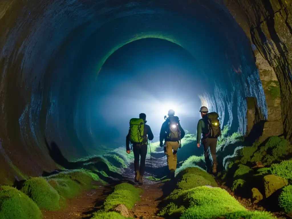 Exploradores con linternas exploran un túnel subterráneo iluminado, revelando misteriosas sombras, musgo y líquenes