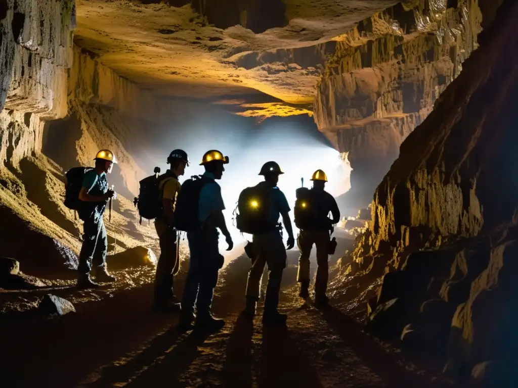 Exploradores con linternas, atraviesan un túnel subterráneo