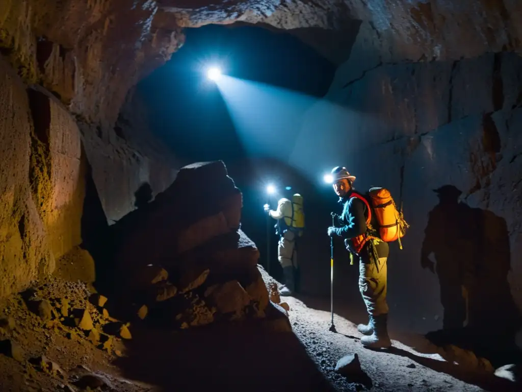 Exploradores con linternas en túneles oscuros de Cerro Rico en Potosí, revelando la historia de los mineros