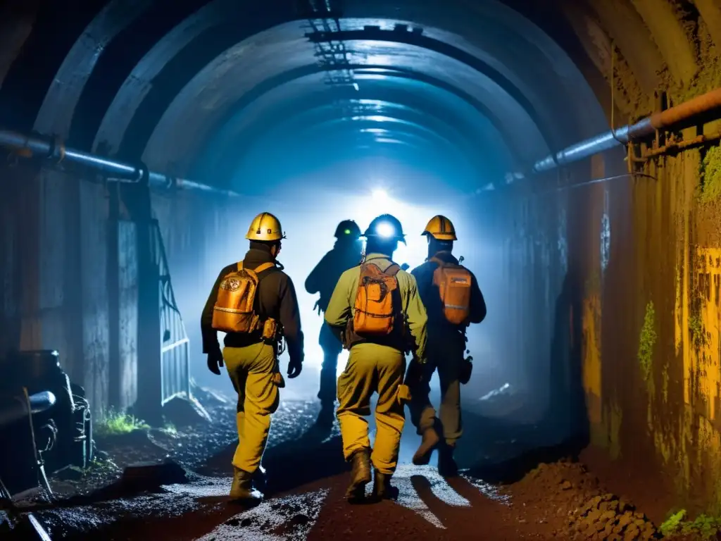 Exploradores con linternas en túneles restringidos era nuclear, rodeados de graffiti y estructuras oxidadas