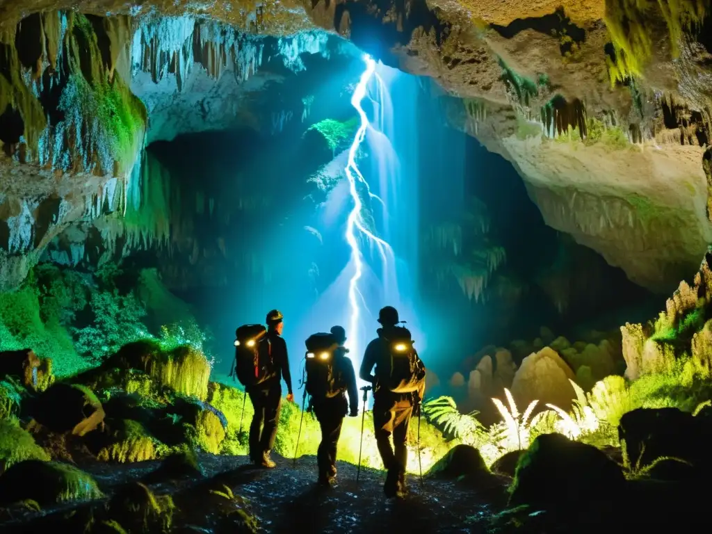 Exploradores admiran la luz de luciérnagas en las Cuevas Waitomo, creando un ambiente mágico y misterioso