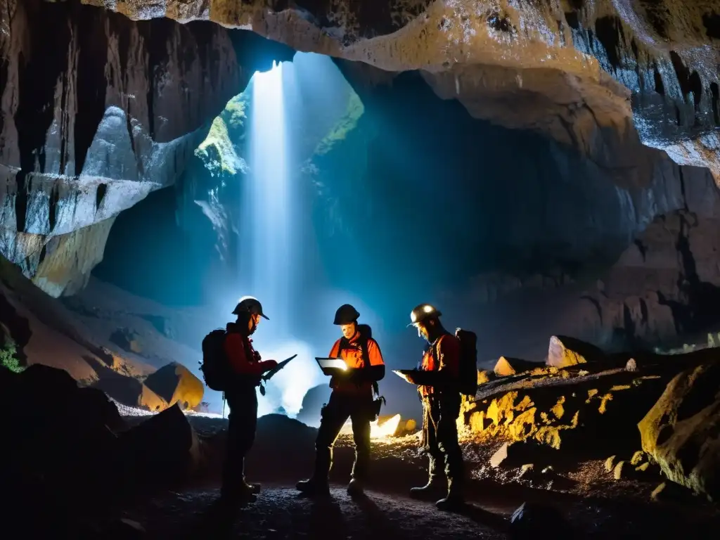 Exploradores revisando un mapa 3D en la entrada de una cueva, con estalactitas y terreno rocoso