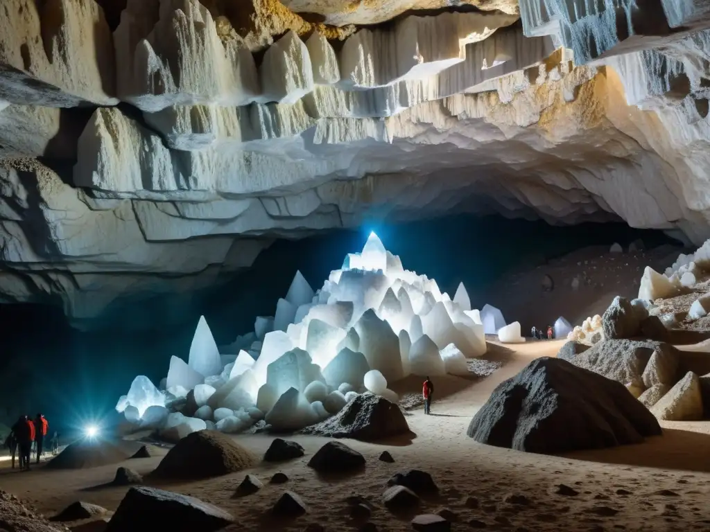 Exploradores maravillados por los descubrimientos en cavernas históricas libros en las impresionantes cuevas de cristal subterráneas en Naica, México