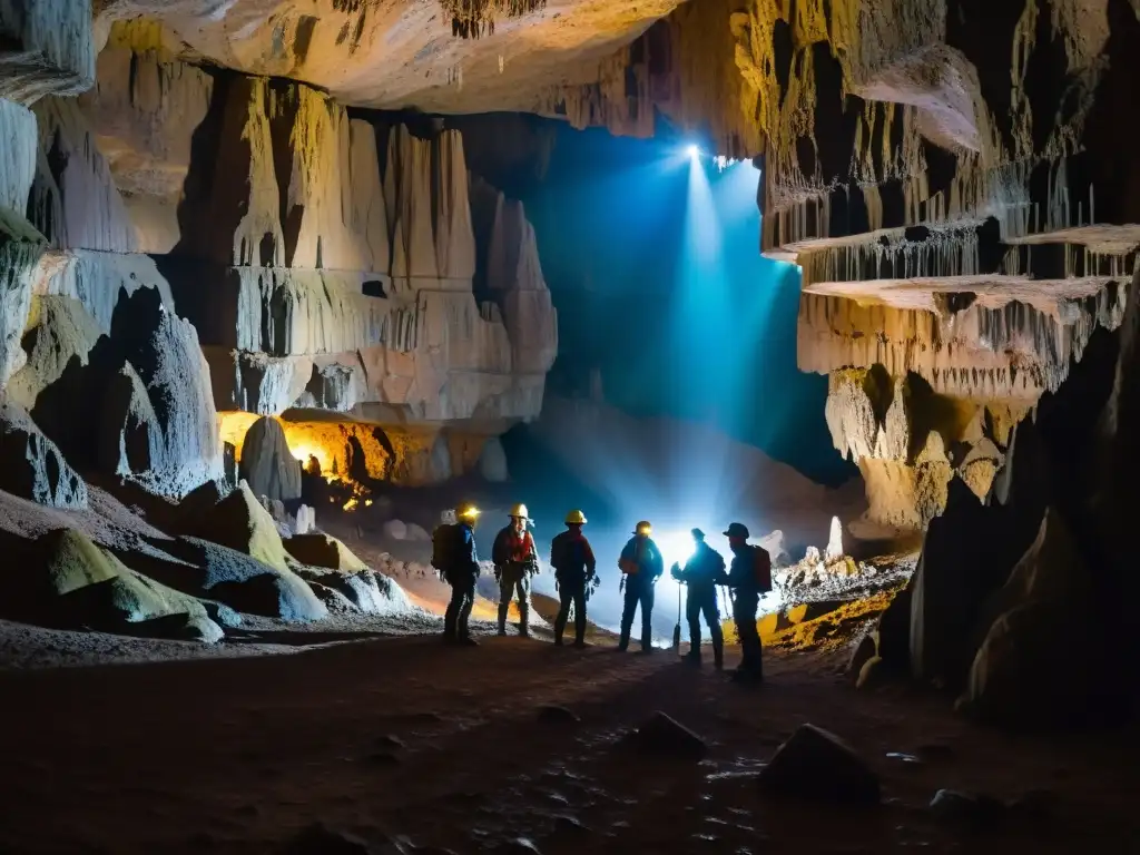 Exploradores maravillados por las formaciones subterráneas en la caverna