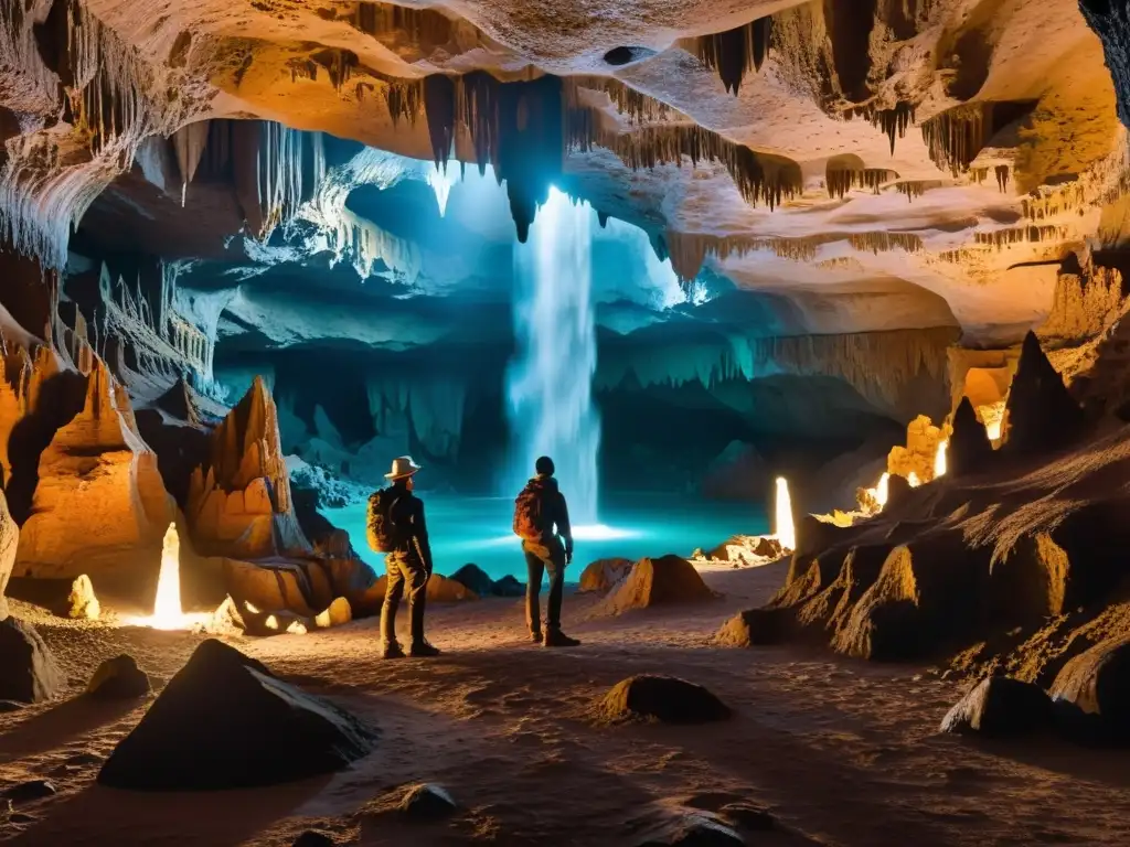 Exploradores maravillados descubren formaciones únicas en caverna iluminada, para tours únicos túneles cavernas olvidadas