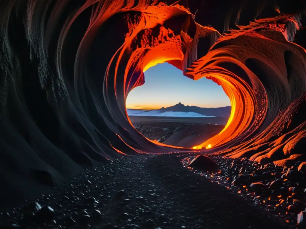 Exploradores maravillados en un túnel de lava en Islandia, iluminados por sus linternas, mientras el flujo de lava emana vibrantes tonos naranjas