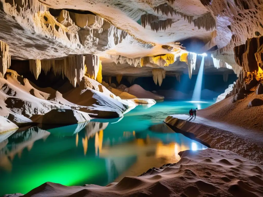 Exploradores admirando maravillas naturales en caverna subterránea, practicando desarrollo sostenible en turismo subterráneo