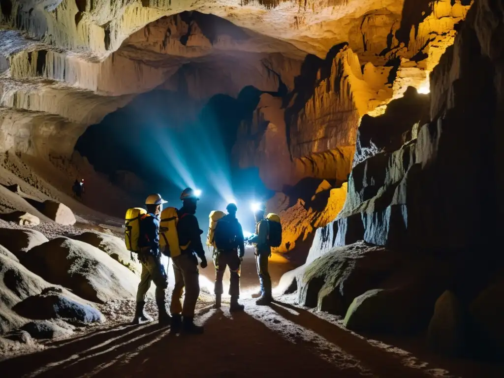 Exploradores con máscaras para exploración subterránea segura, iluminando formaciones rocosas en cueva