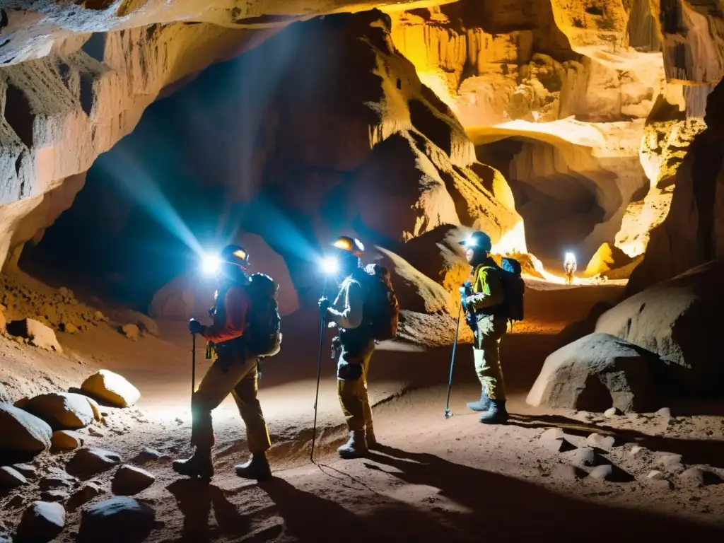 Exploradores con máscaras para exploración subterránea segura, iluminando una cueva con sus linternas, creando una atmósfera de misterio y aventura