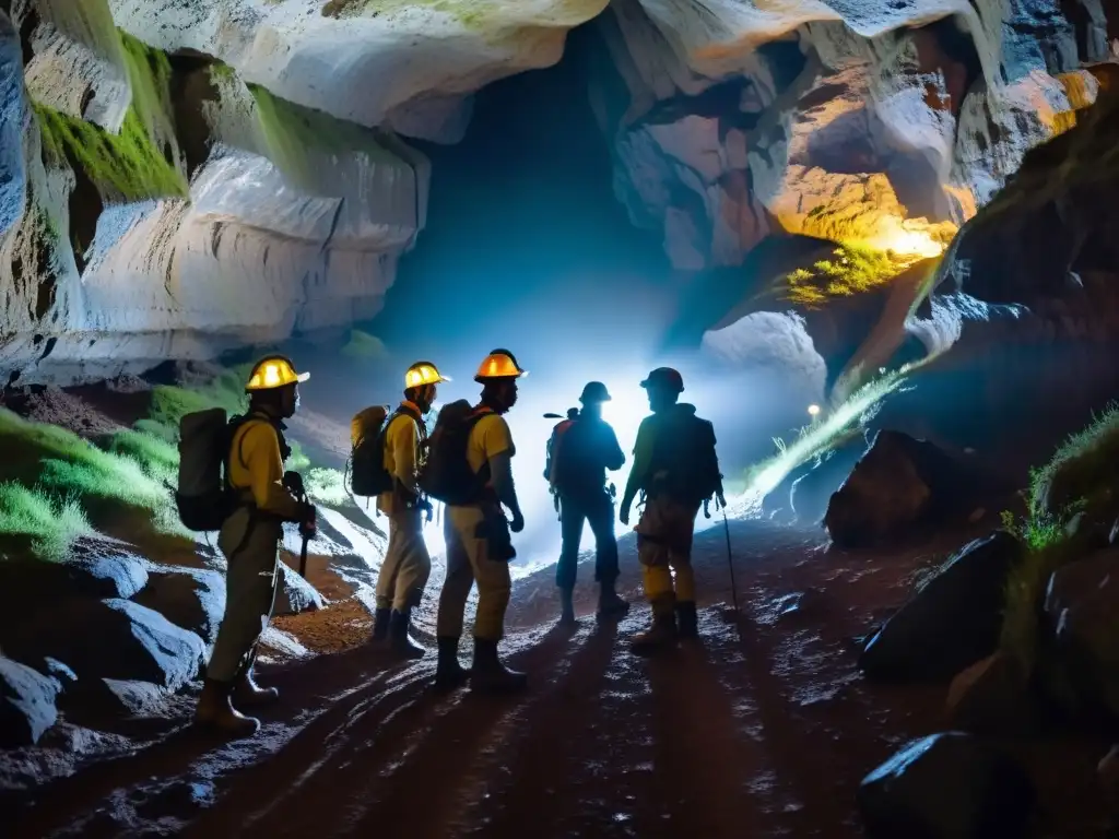 Exploradores con máscaras para exploración subterránea segura, iluminan una cueva con linternas, mostrando la importancia de la seguridad respiratoria