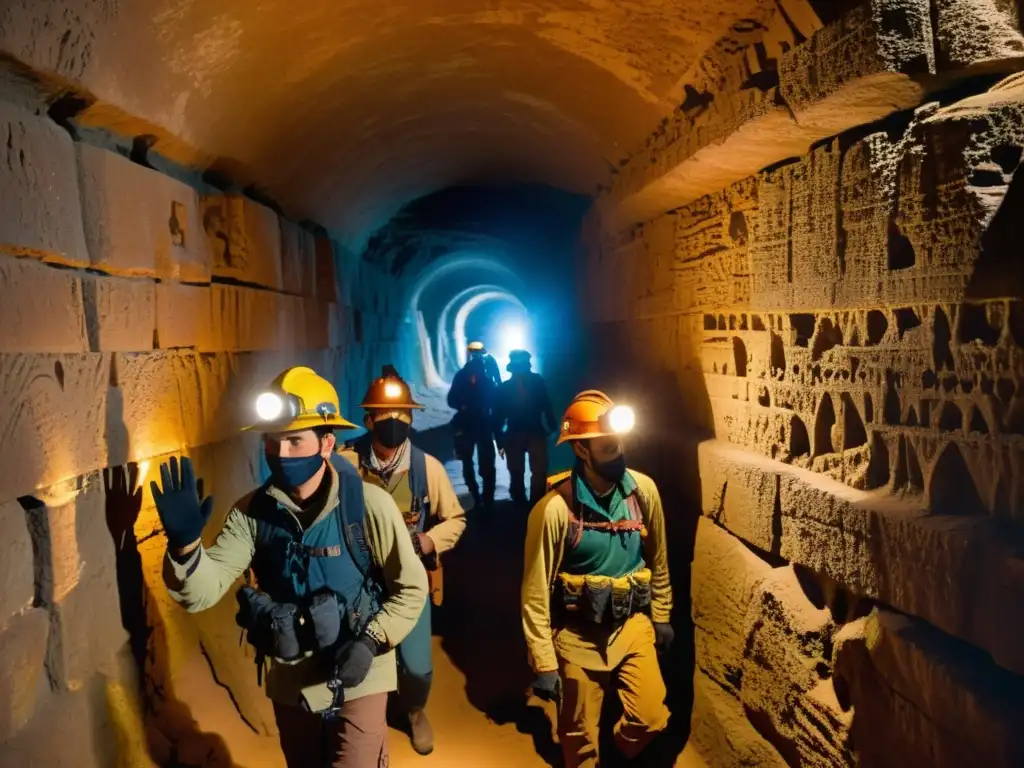 Exploradores con máscaras para túneles históricos, iluminando misteriosas formaciones en la penumbra de un antiguo pasadizo subterráneo