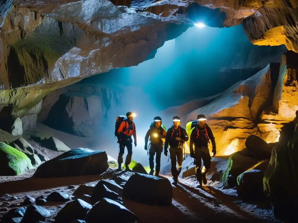 Exploradores en cueva con equipo de alta tecnología Exploradores con las mejores chaquetas para resistir la humedad subterránea, explorando una cueva oscura con determinación y misterio