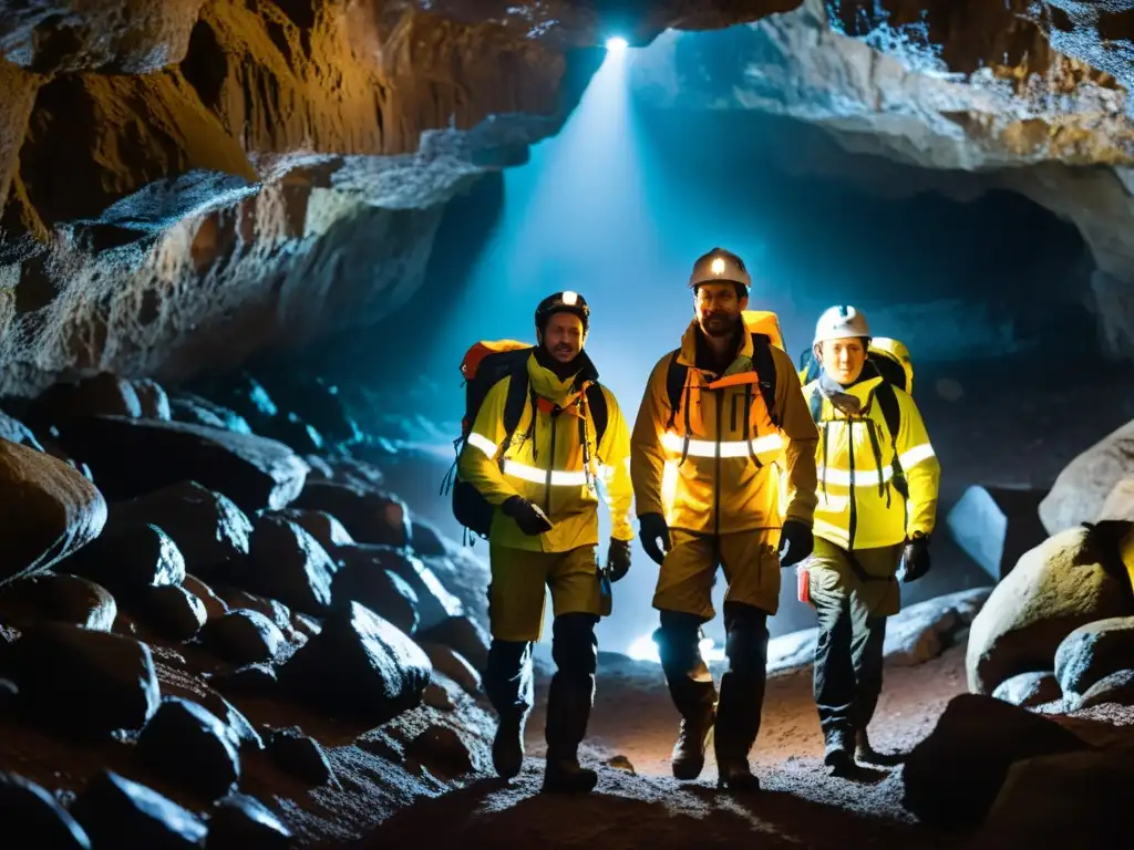 Exploradores en cueva con equipo de alta tecnología Exploradores con las mejores chaquetas para resistir la humedad subterránea, iluminados por sus linternas en una cueva oscura y húmeda