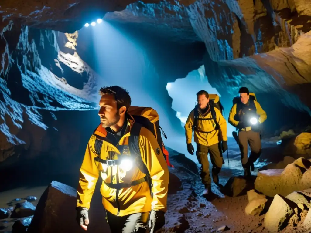 Exploradores en cueva: resistencia y determinación Exploradores con las mejores chaquetas para resistir la humedad subterránea, iluminando las texturas de la cueva con sus lámparas de cabeza