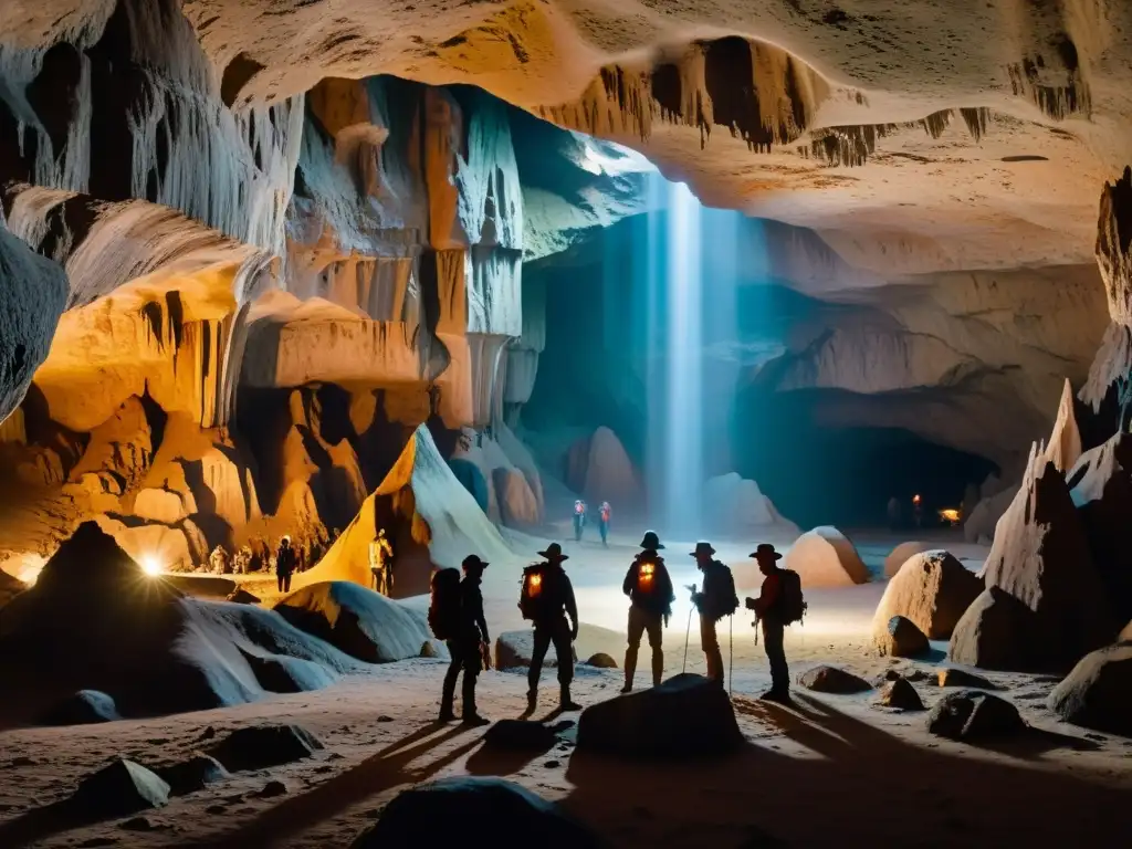 Exploradores iluminando misteriosas pinturas rupestres en una caverna milenaria