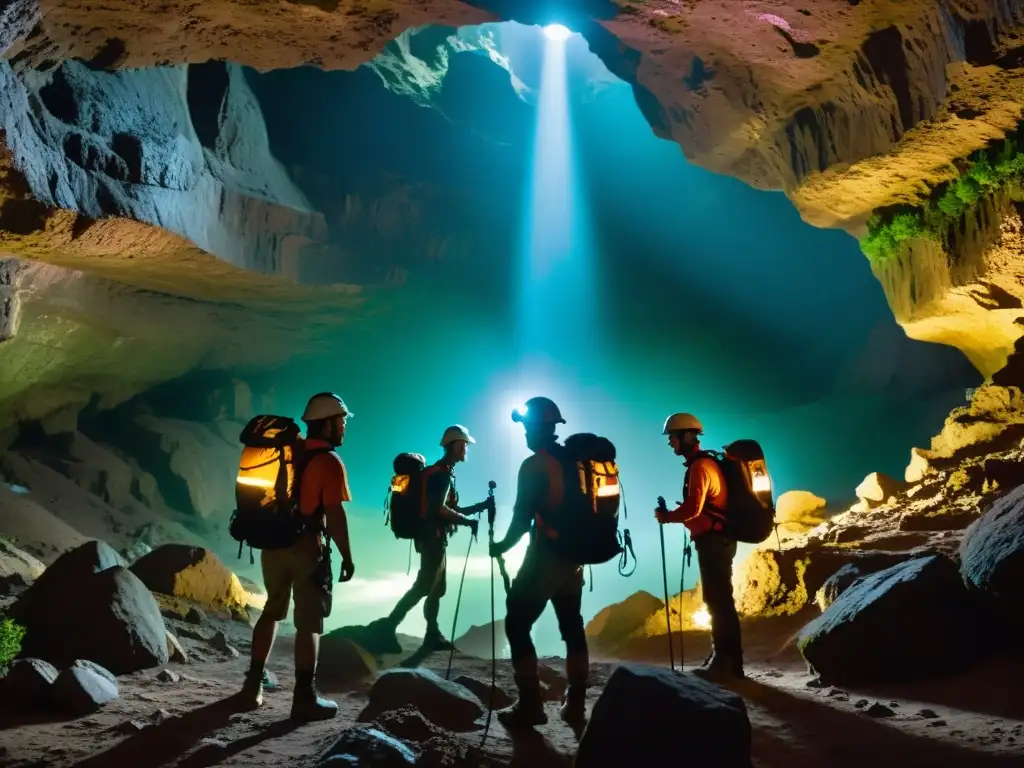 Exploradores con mochilas de hidratación navegan una cueva oscura, resaltando sistemas de agua para exploración subterránea