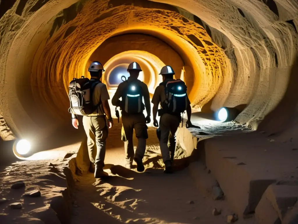 Exploradores modernos exploran túneles perdidos del Imperio Akkadio, iluminando carvings y símbolos antiguos con sus lámparas de cabeza