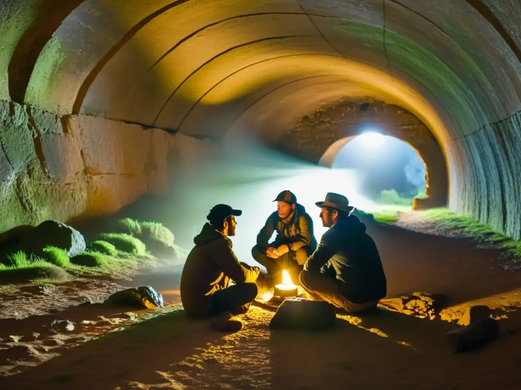 Exploradores consumiendo nutrientes en antiguo túnel iluminado