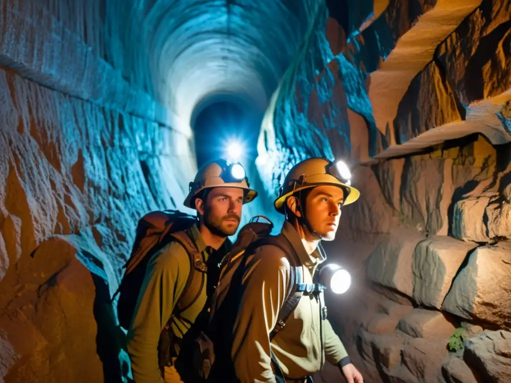 Exploradores con determinación iluminan túnel oscuro, revelando misterios y desafíos