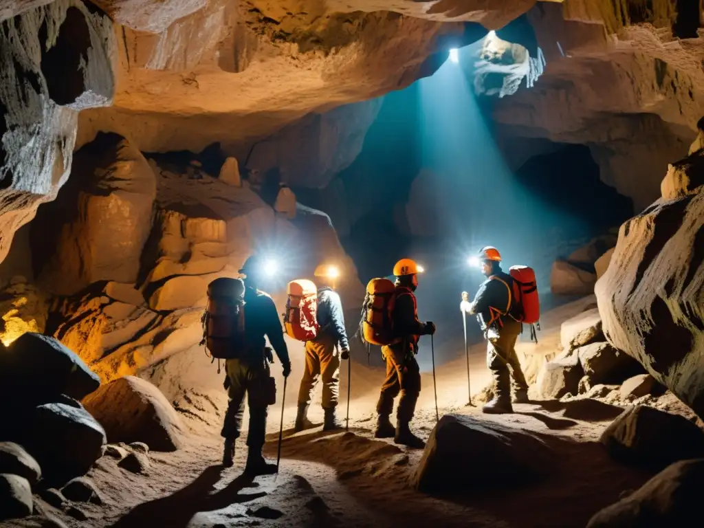 Exploradores con prendas térmicas para termorregulación subterránea explorando una cueva estrecha con headlamps, en medio de sombras y terreno rocoso