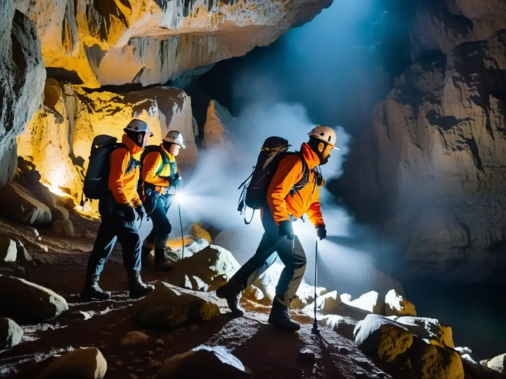 Exploradores ajustando prendas térmicas para termorregulación subterránea en una cueva iluminada por linternas frontales