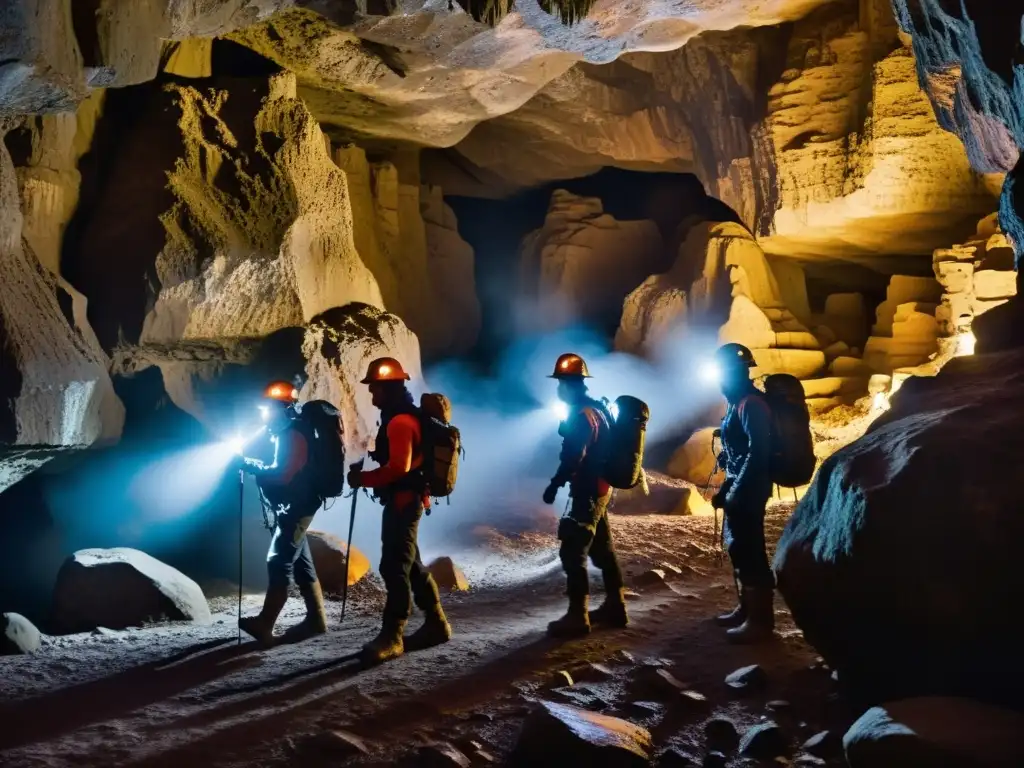 Exploradores con prendas térmicas para termorregulación subterránea, exploran una cueva oscura con vapor y rocas iluminadas por sus linternas