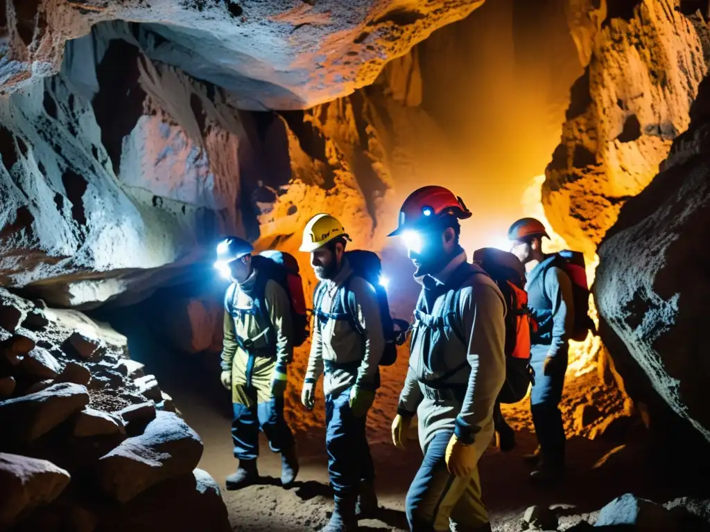 Exploradores con prendas térmicas para termorregulación subterránea descienden a una cueva oscura, iluminando las rocas húmedas con sus linternas