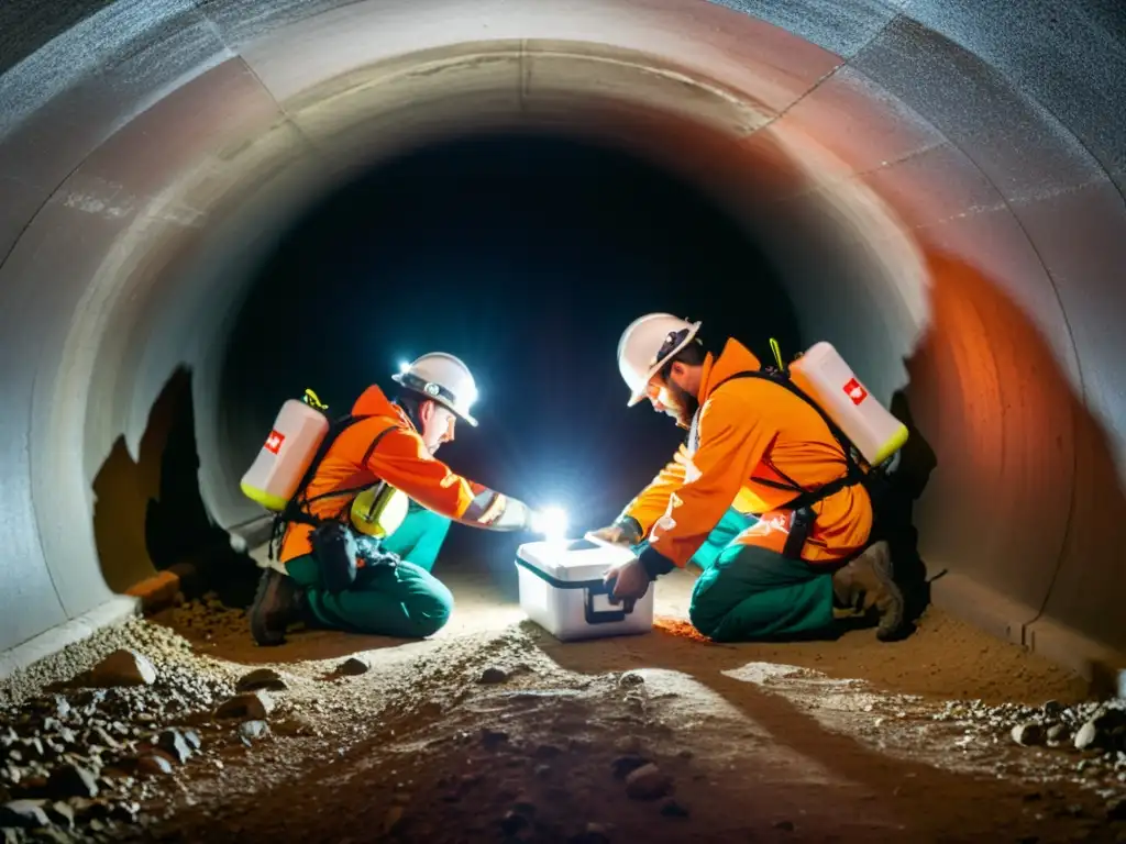 Exploradores practicando primeros auxilios en un túnel estrecho con kits especializados para espacios confinados