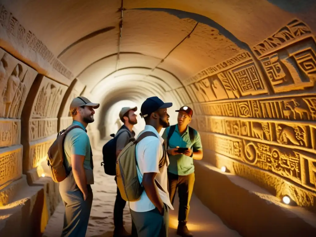 Exploradores usando Realidad Aumentada para exploración subterránea en túnel antiguo, descubriendo artefactos y escrituras