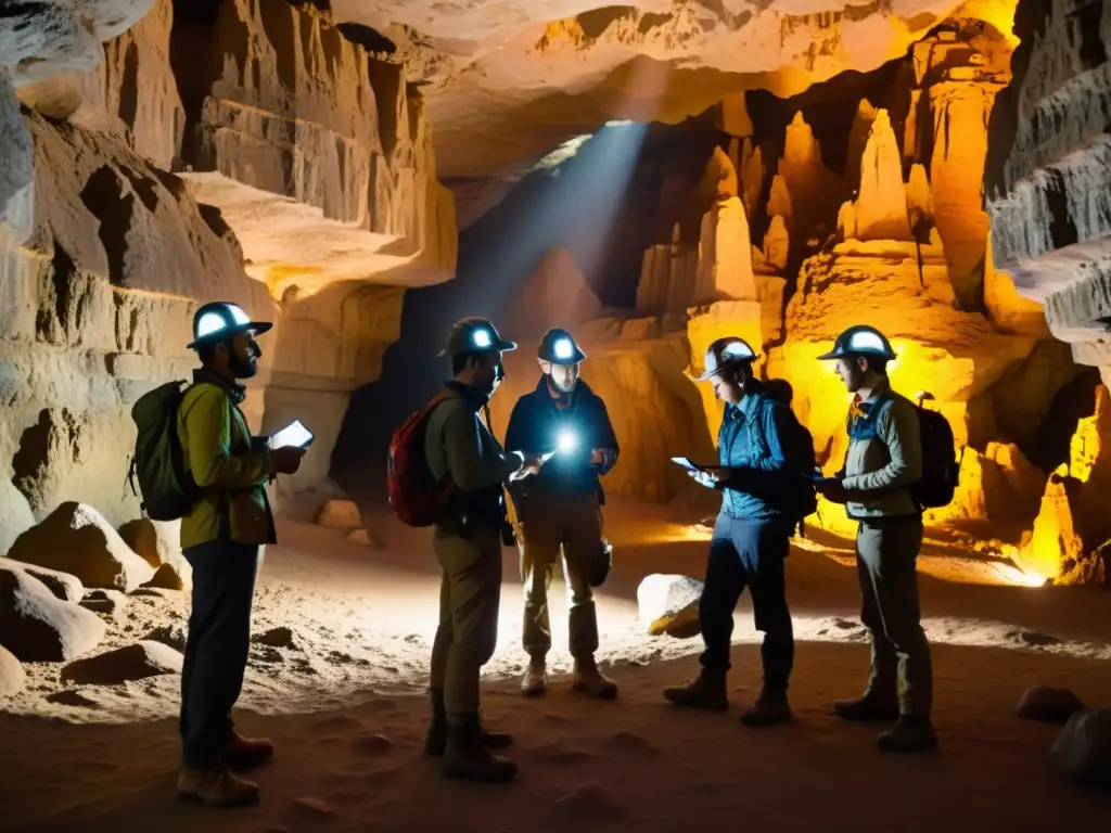 Exploradores usando realidad aumentada para exploración subterránea en una cueva con formaciones rocosas