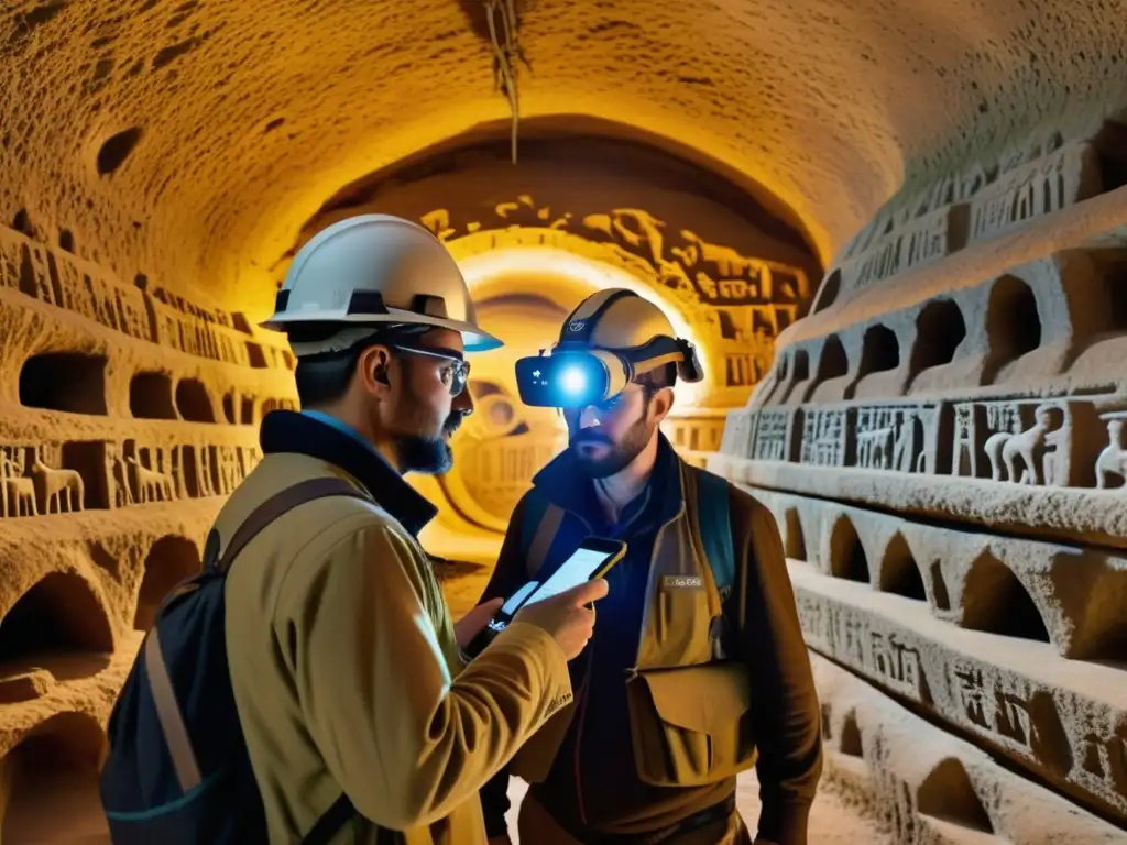 Exploradores utilizando realidad aumentada en exploración subterránea de túnel antiguo