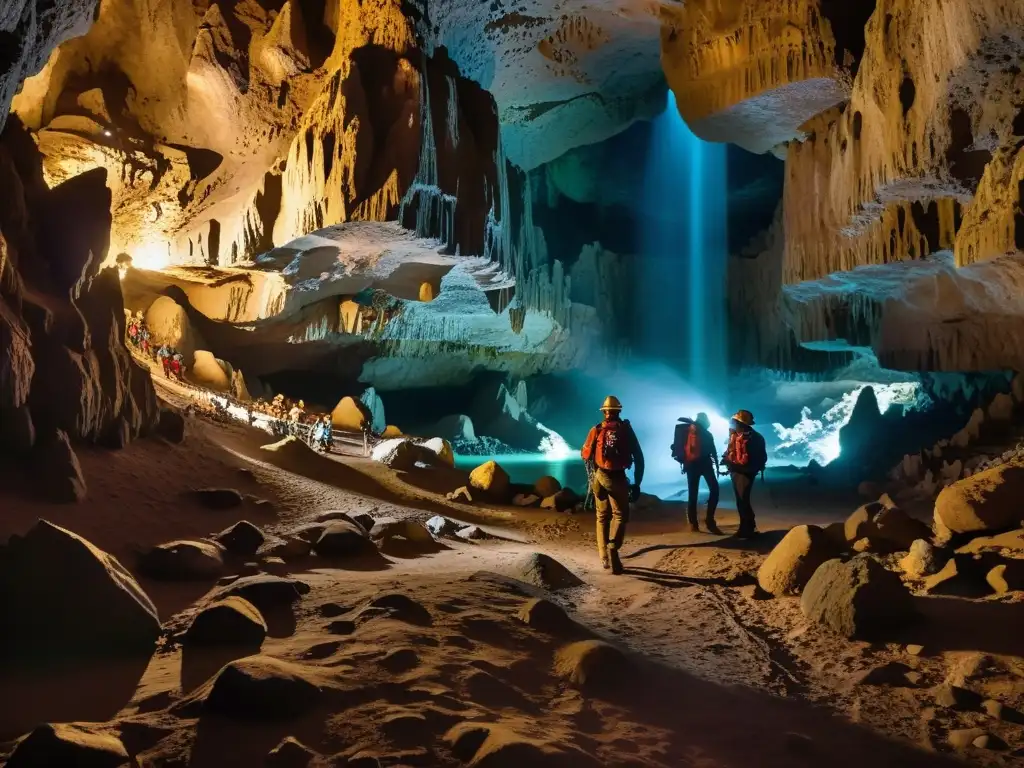 Exploradores usando realidad aumentada para exploración subterránea en una caverna iluminada
