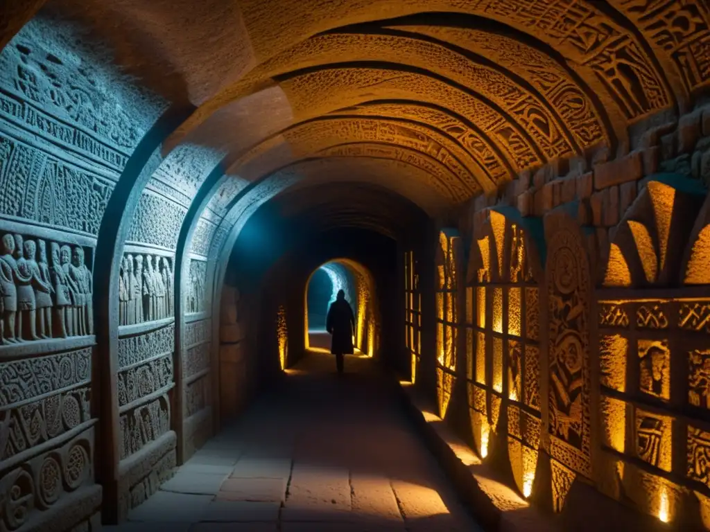 Exploradores iluminan la red subterránea de Mitla, con antiguas carvings y mosaicos de criaturas míticas, en un túnel oscuro y misterioso