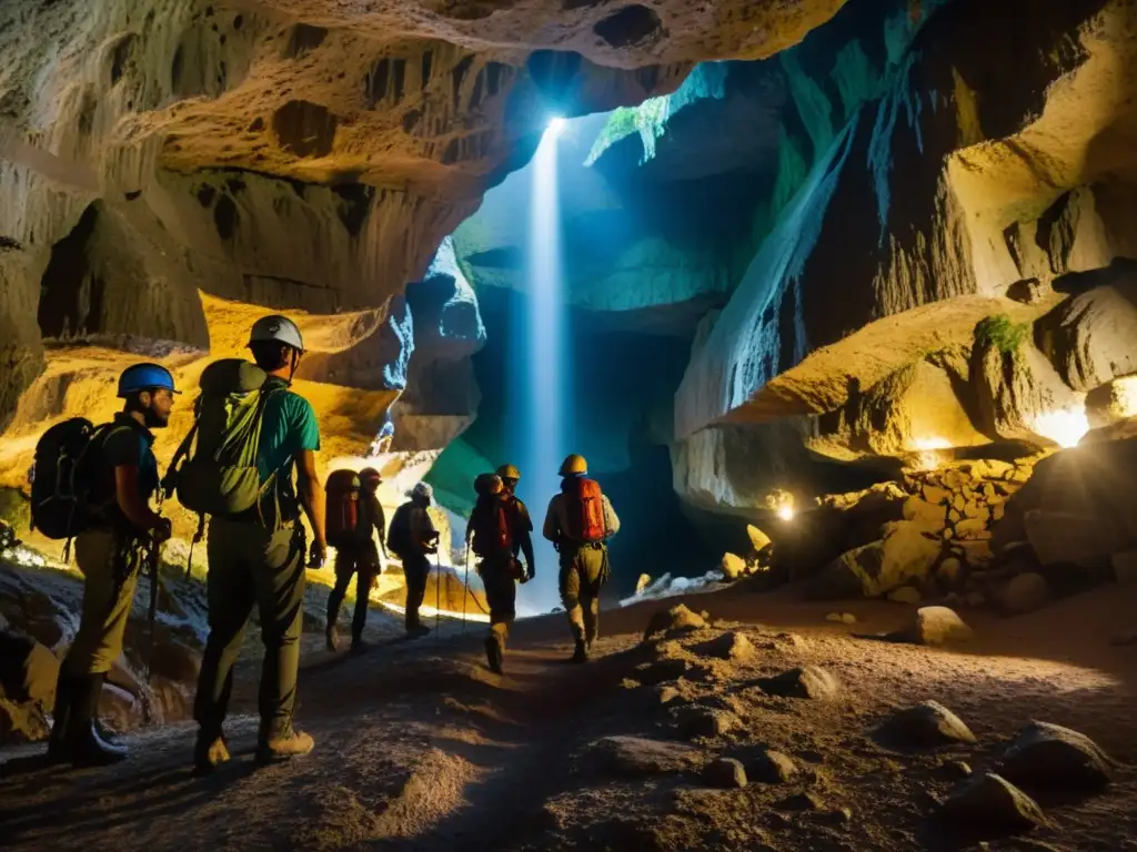 Exploradores recorriendo una ruta subterránea en las Grutas de Skocjan, creando una atmósfera misteriosa y aventurera