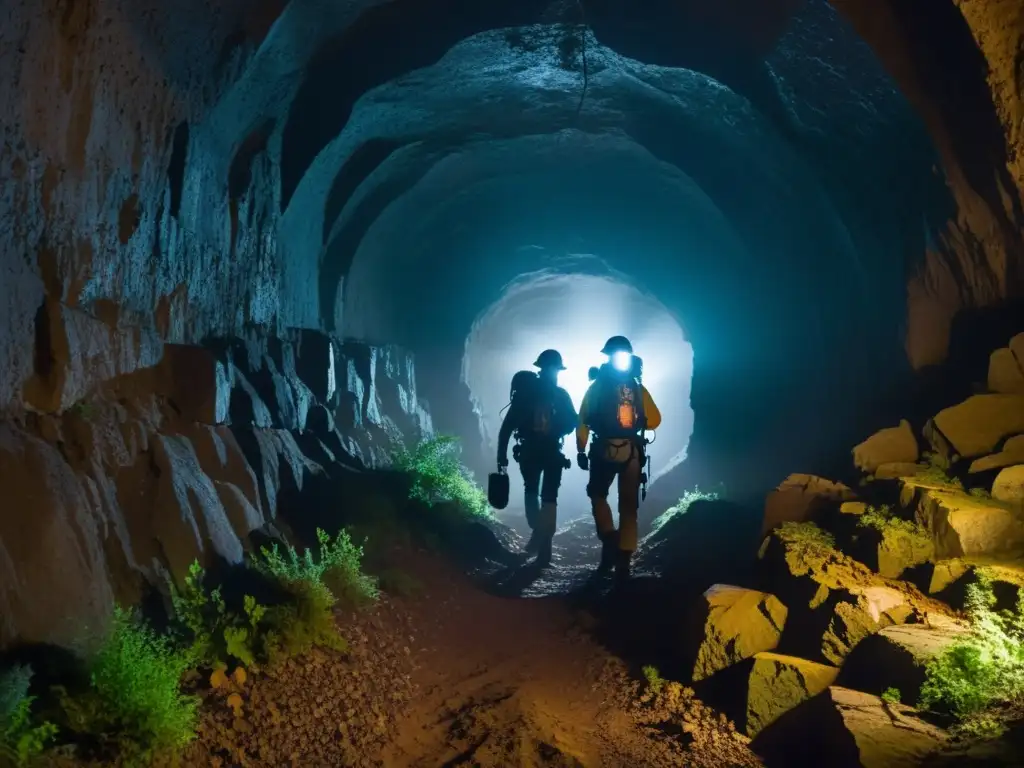 Exploradores descienden con seguridad en un túnel histórico, sus siluetas destacan en la penumbra