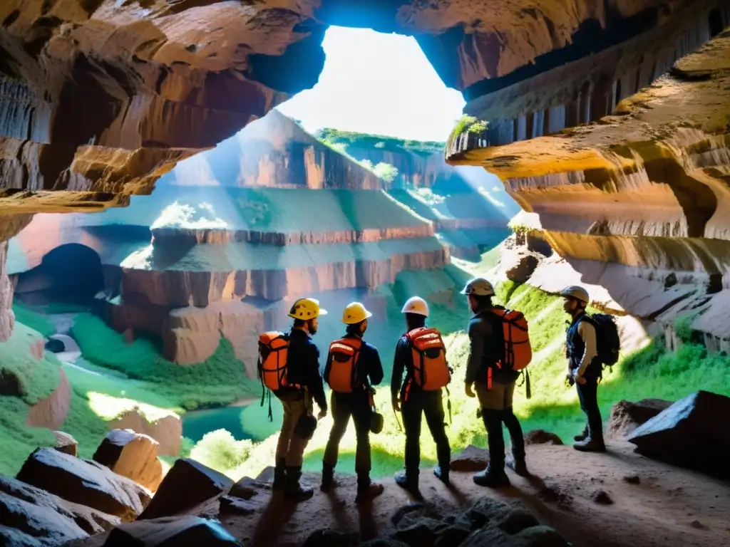 Exploradores en sima subterránea, asombrados por la grandeza de la cueva, transmitiendo emoción y aventura