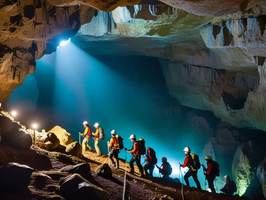 Exploradores descienden con sistemas anticaídas en caverna subterránea, entre estalactitas y estalagmitas