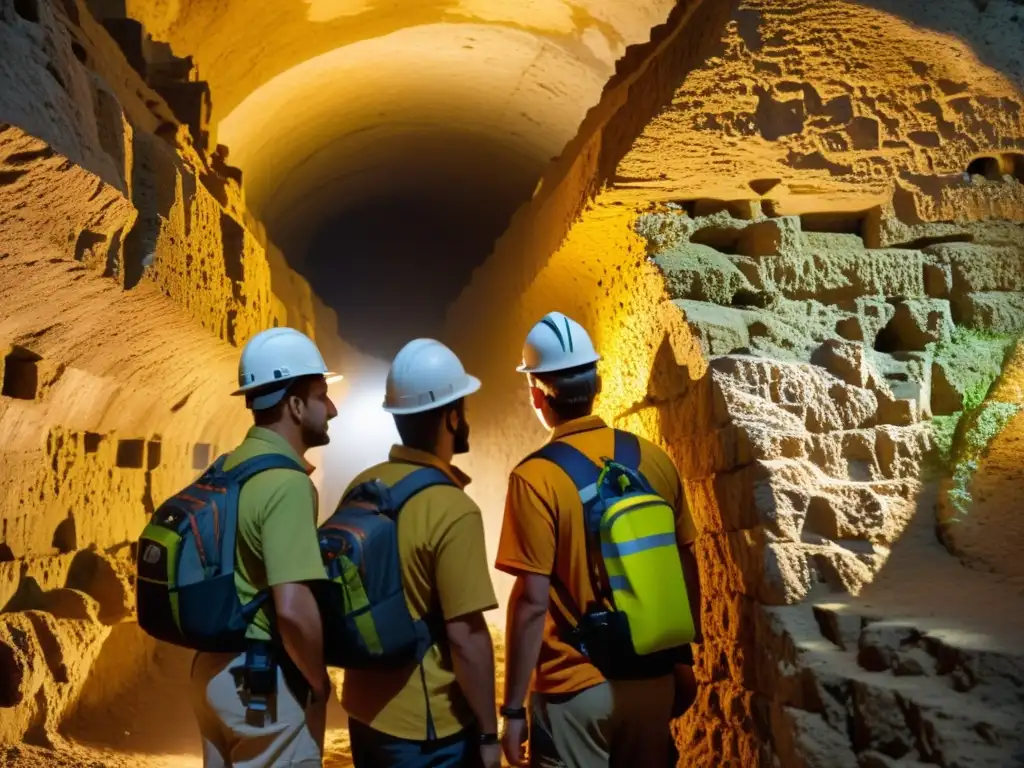 Exploradores utilizando software de mapeo 3D en túneles históricos, capturando la belleza ancestral