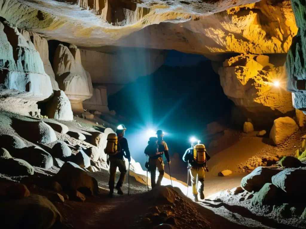 Exploradores en túnel subterráneo iluminado por lámparas, descubriendo formaciones rocosas