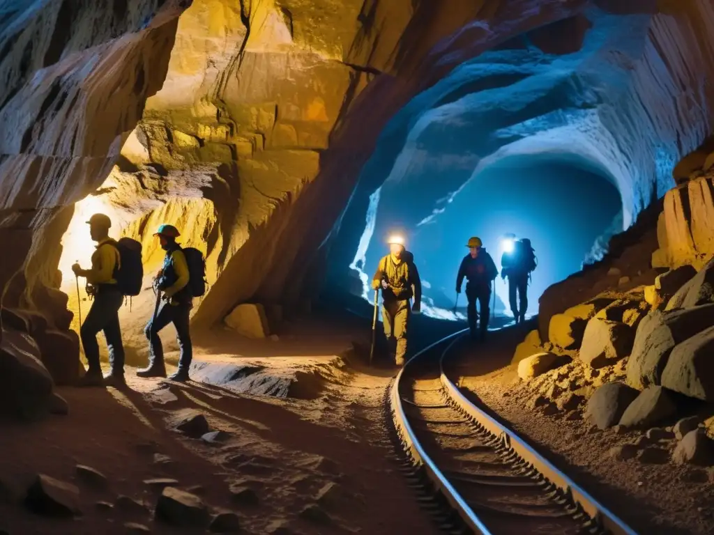 Exploradores en túnel subterráneo iluminado por linternas y dispositivos GPS, fusionando tradición e innovación en exploración subterránea