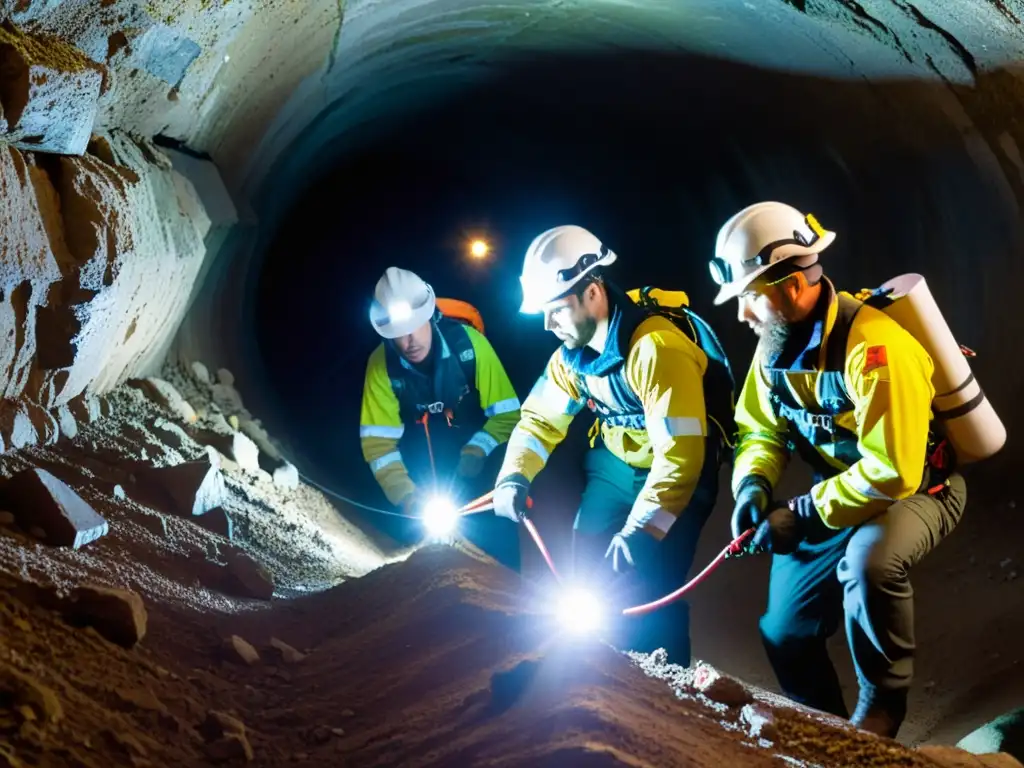 Exploradores en túnel subterráneo con kits primeros auxilios espacios confinados, iluminados por linternas frontales, concentrados en su labor