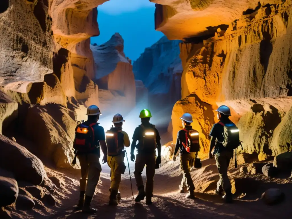 Exploradores subterráneos con cascos y linternas, iluminados por el resplandor cálido, atraviesan una estrecha caverna