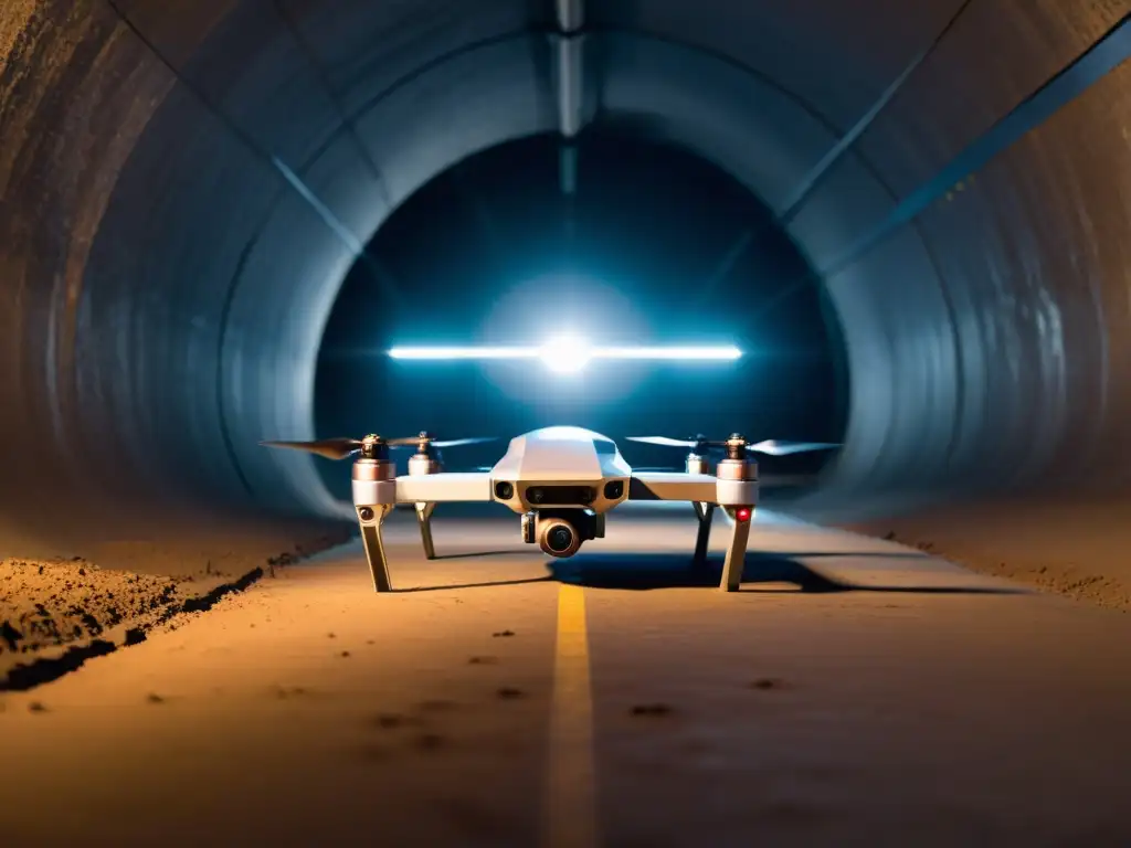 Exploradores subterráneos: drones metálicos iluminan túnel oscuro con cámaras y sensores avanzados