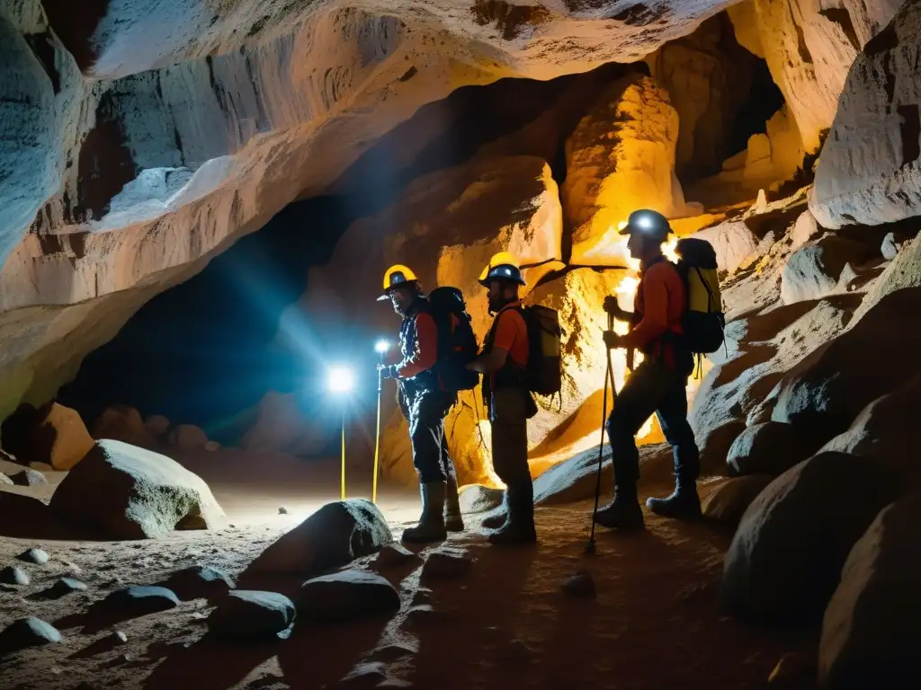 Exploradores subterráneos con headlamps y equipo de mapeo, explorando caverna oscura