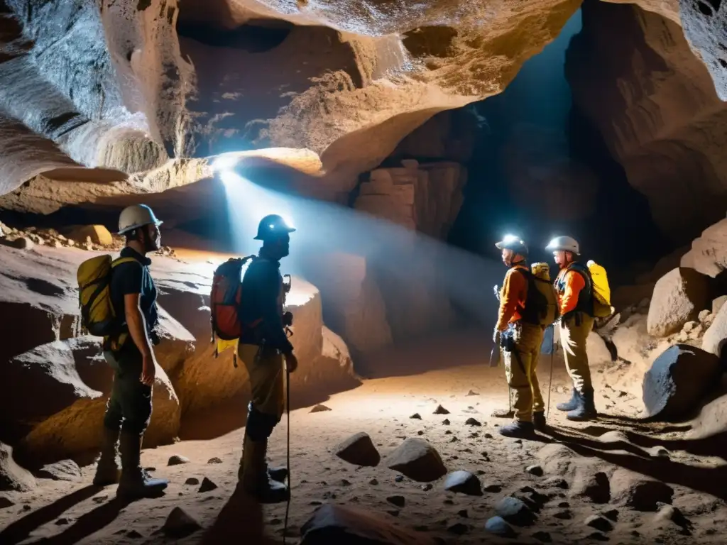 Exploradores subterráneos con máscaras para exploración subterránea segura, iluminando una cueva húmeda con sus linternas