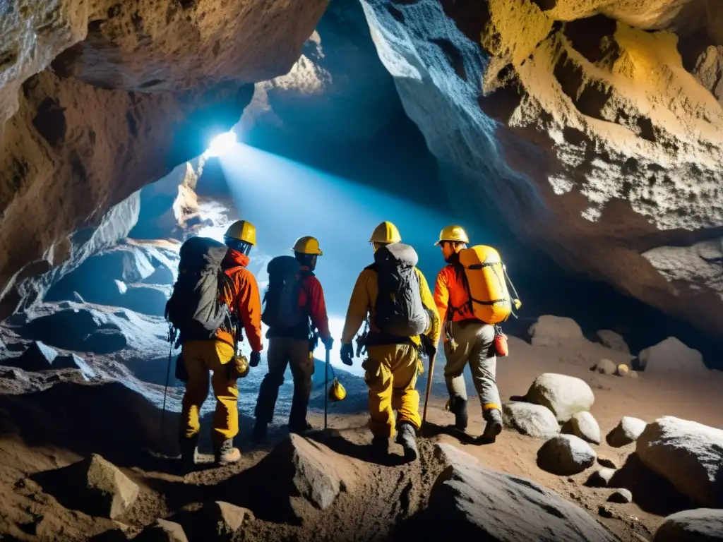 Exploradores subterráneos con materiales antiabrasivos para vestimenta subterránea enfrentan terreno rocoso en una cueva iluminada dramáticamente