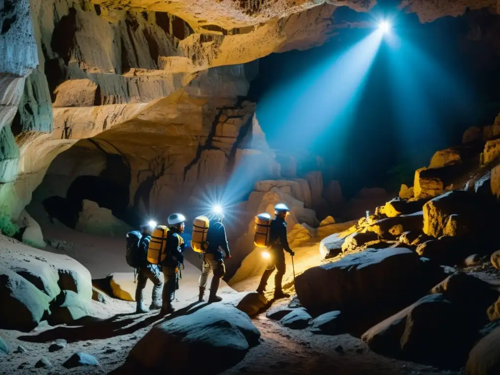 Exploradores subterráneos descienden en la oscuridad de la cueva con sistemas anticaídas, revelando un mundo misterioso y fascinante